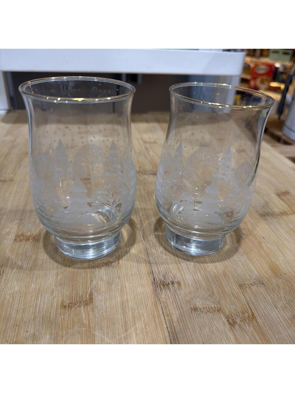 VTG 2 Libbey Arby’s Christmas Glasses Winter White Frosted Pine Tree Gold Rim *